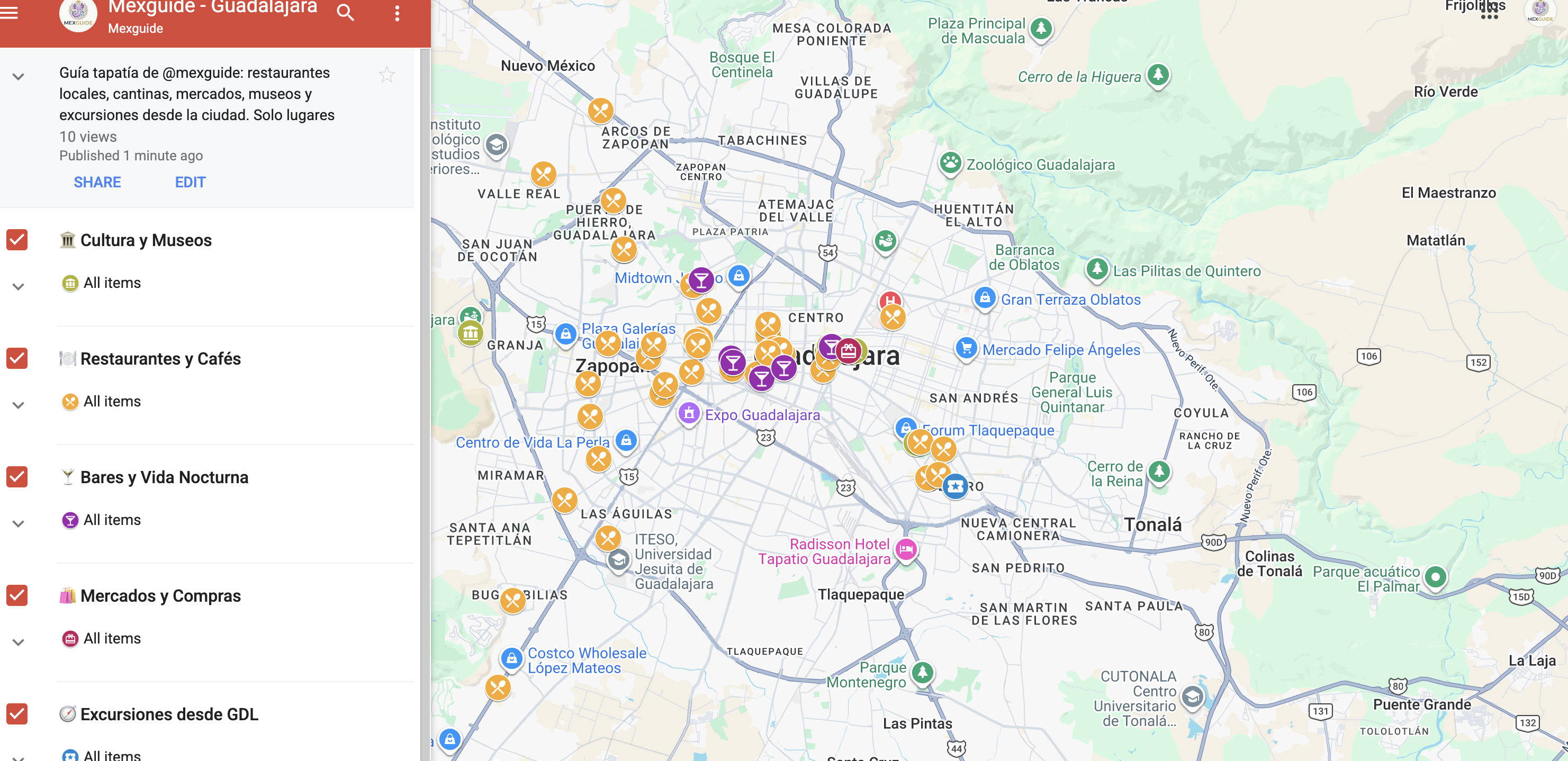 Mapa MexGuide CDMX con pins de restaurantes, museos y bares