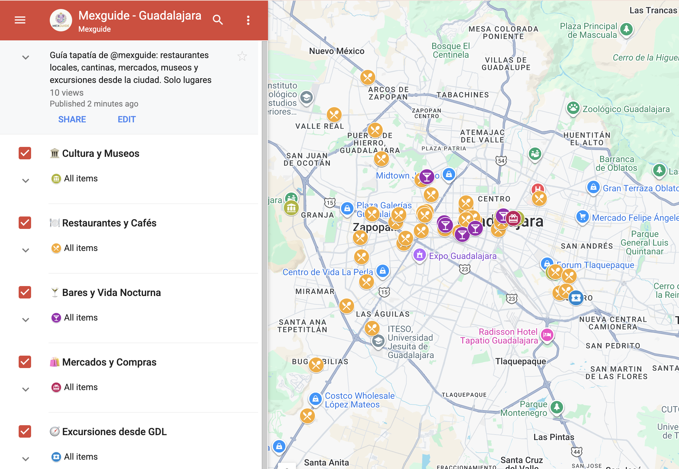 Mapa MexGuide Guadalajara con pins de restaurantes, cantinas y museos